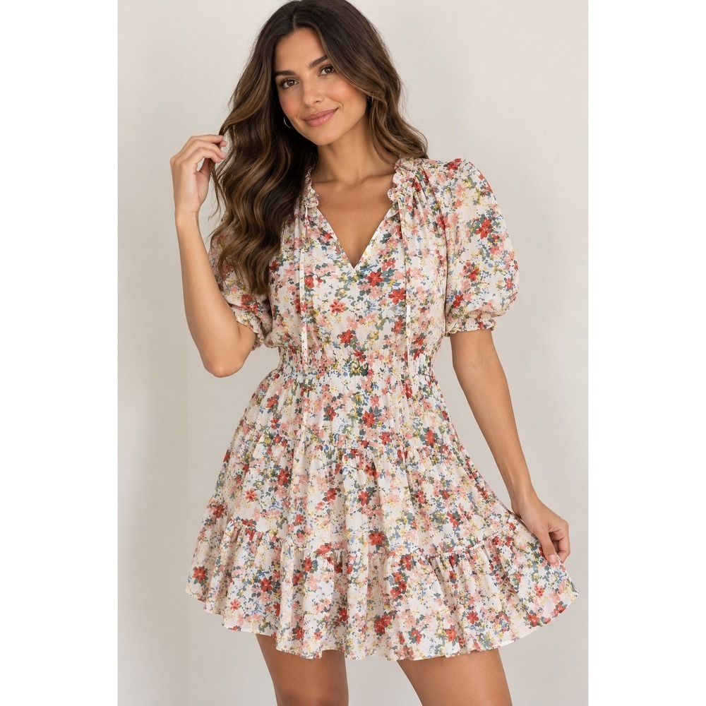 Entro Floral Mini Dress L Puff Sleeve Smocked Waist Tiered Boho Romantic